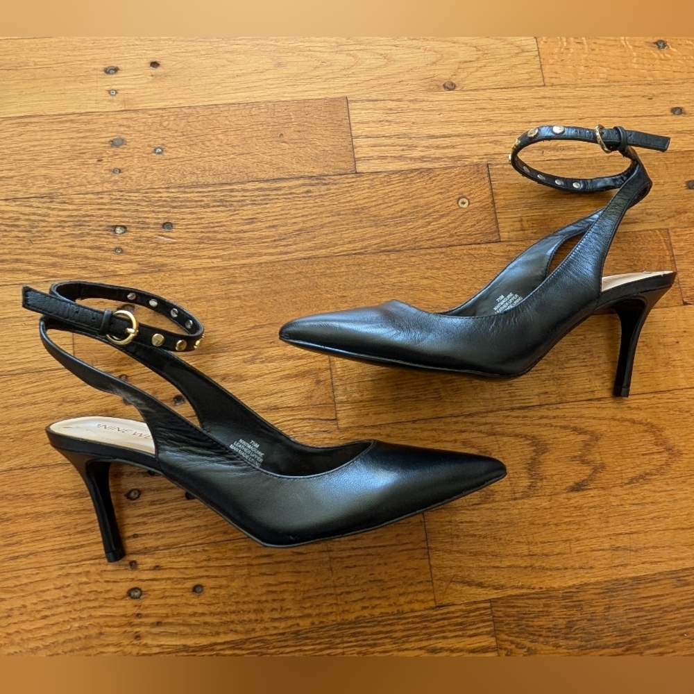 Nine West Black Leather Pointed-Toe Ankle-Strap Heels